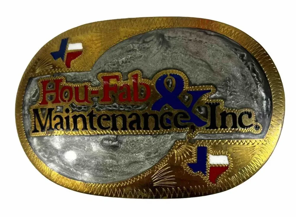 Hou-Fab Maintenance Custom Houston Livestock Show Rodeo Belt Buckle w Inlays VTG
